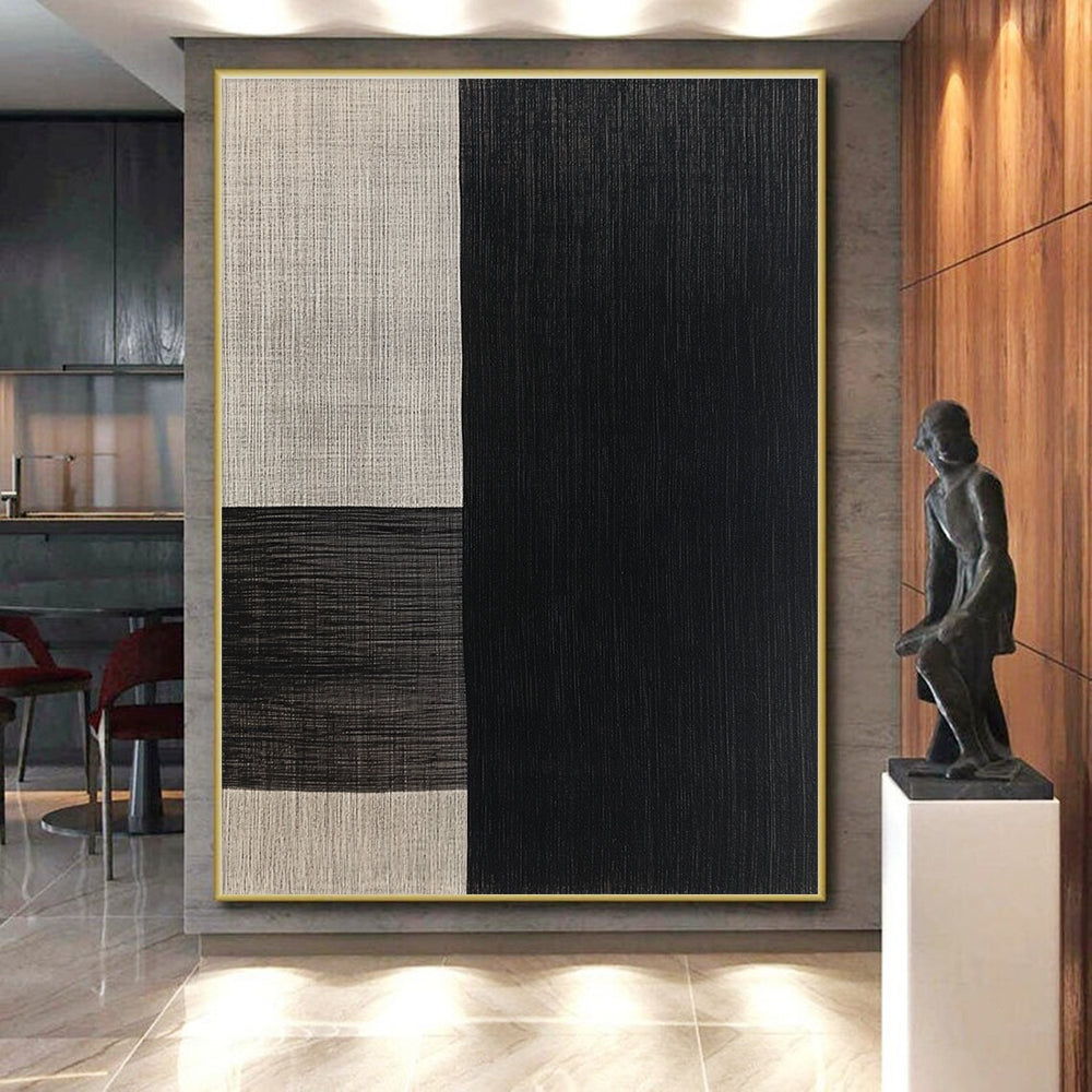 Black and Beige Textured Squares Abstract Painting with Tactile Simplicity WINK015