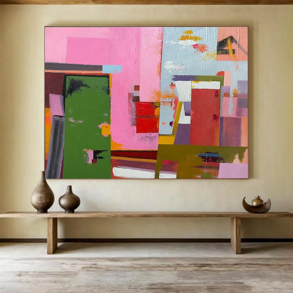 Pink - Toned Abstract City Painting for Modern Spaces YHT013