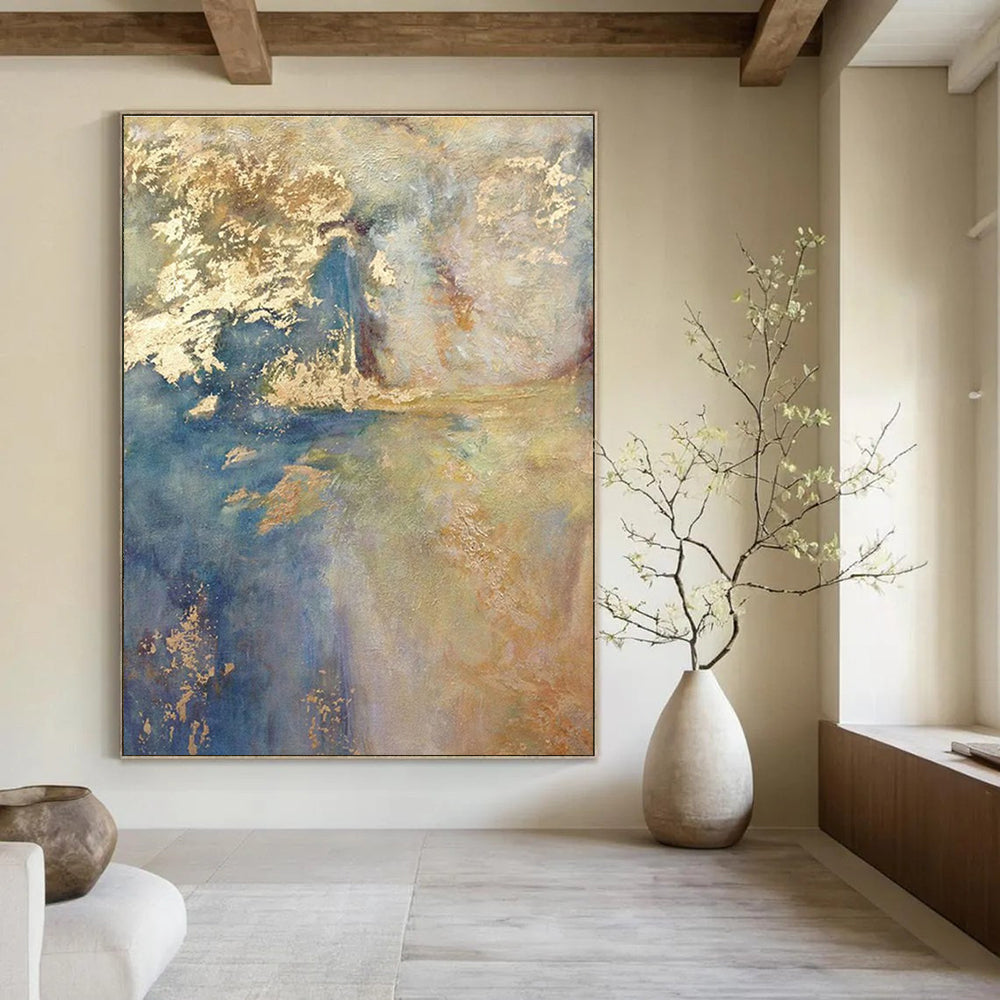 Blue and Gold Abstract Landscape Painting for Elegant Dining Rooms HENG518
