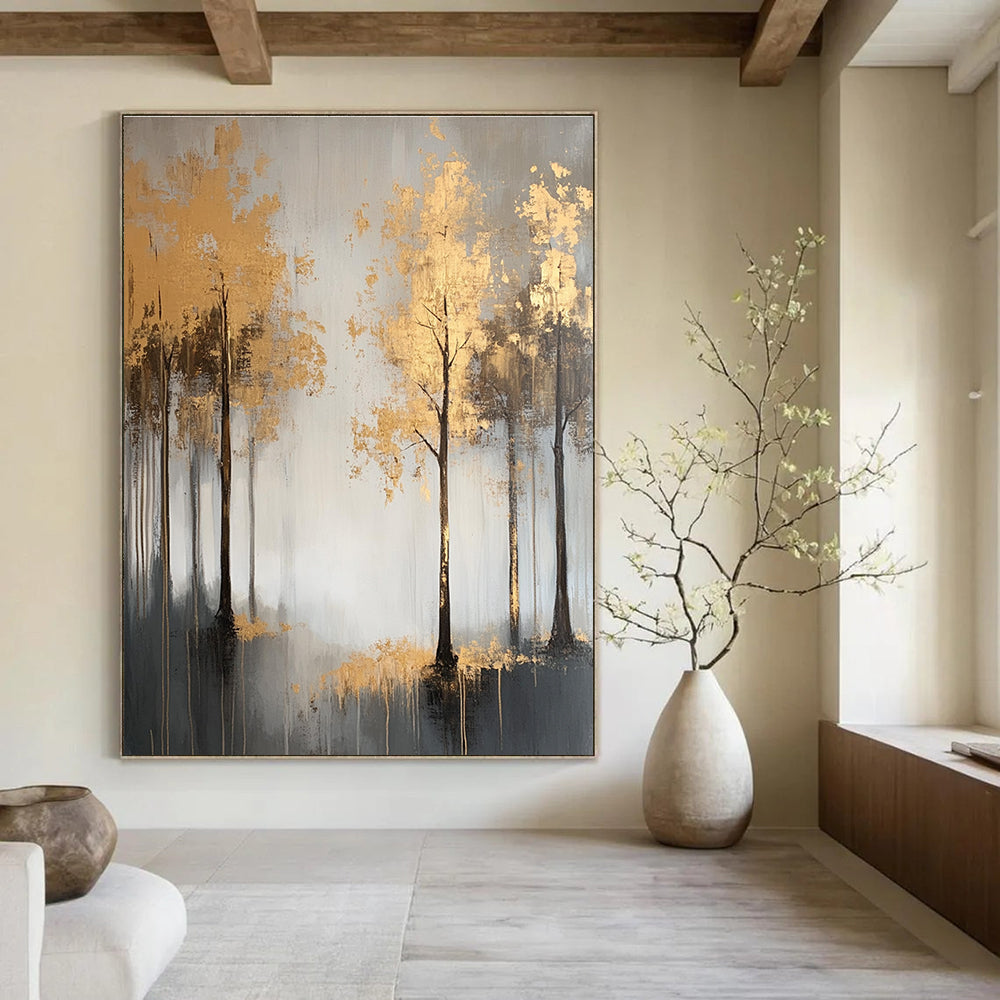 Gold Trees on Gray Elegant Abstract Landscape GAB0334