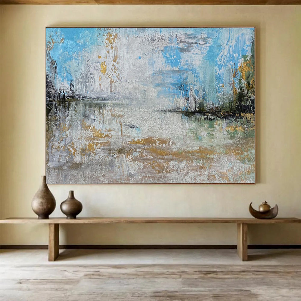 Light Blue and Gold Abstract Lake Painting for Lakeside Vacation Homes YHT348