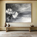 Monochrome Floral and Sea: Contrasting Textures of Flowers and Waves Abstract Painting ABS177