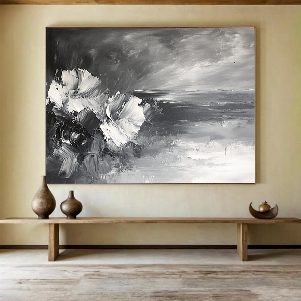 Monochrome Floral and Sea: Contrasting Textures of Flowers and Waves Abstract Painting ABS177