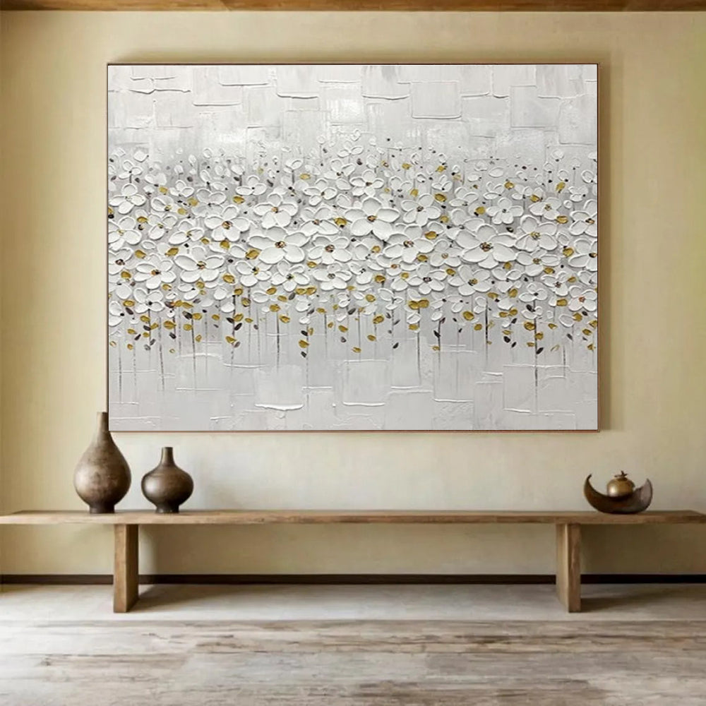 White Flower Field Abstract Painting for Minimalist Bedroom Retreats YHT214