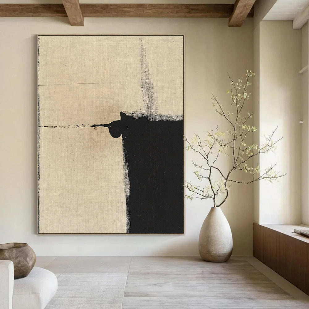 Minimalist Black and Beige Abstract Painting of Quiet Contrast GAB0213