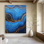 Blue and Gold Wave Patterns Abstract Painting of Oceanic Rhythms GAB0082