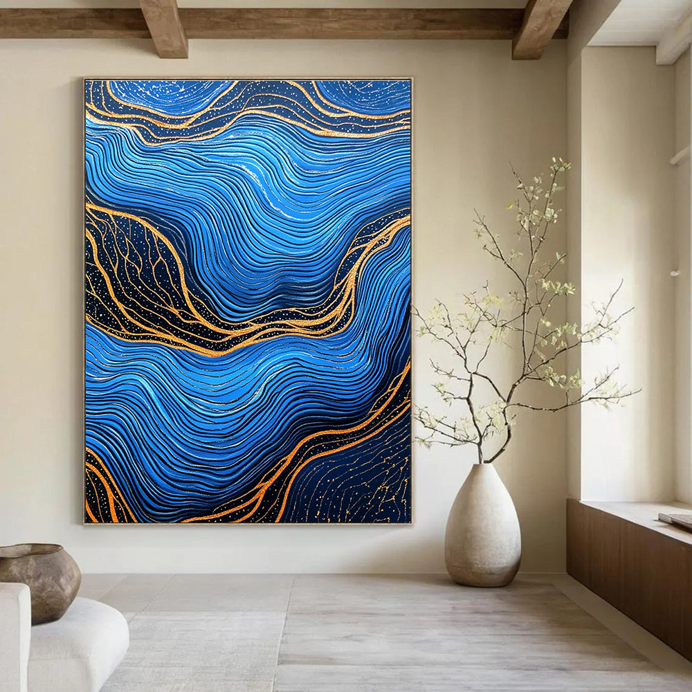 Blue and Gold Wave Patterns Abstract Painting of Oceanic Rhythms GAB0082