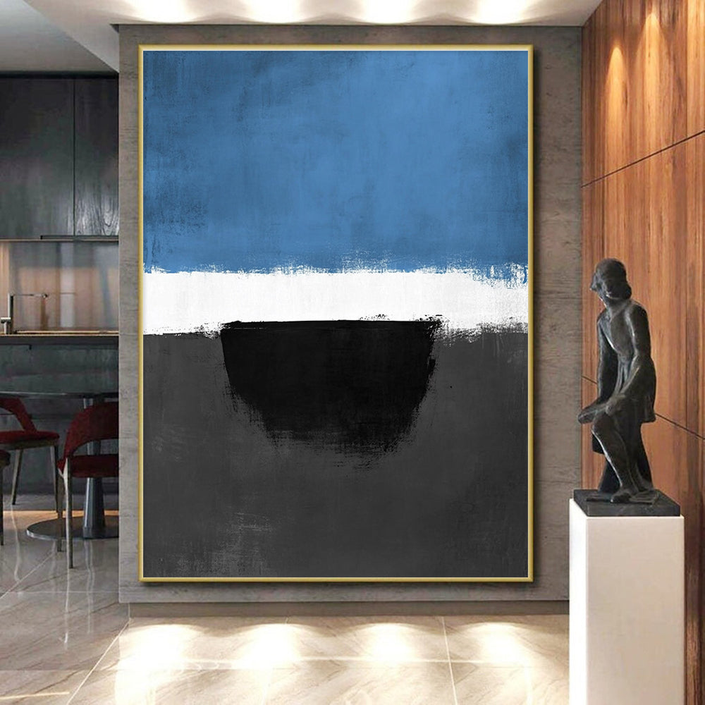 Blue Black and White Abstract Painting with Bold Contrasts WINK848