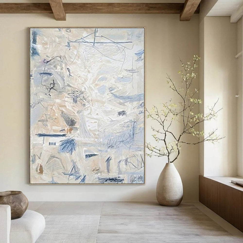 Light - Toned Abstract with Blue Marks Painting for Coastal - Inspired Bedrooms HENG144