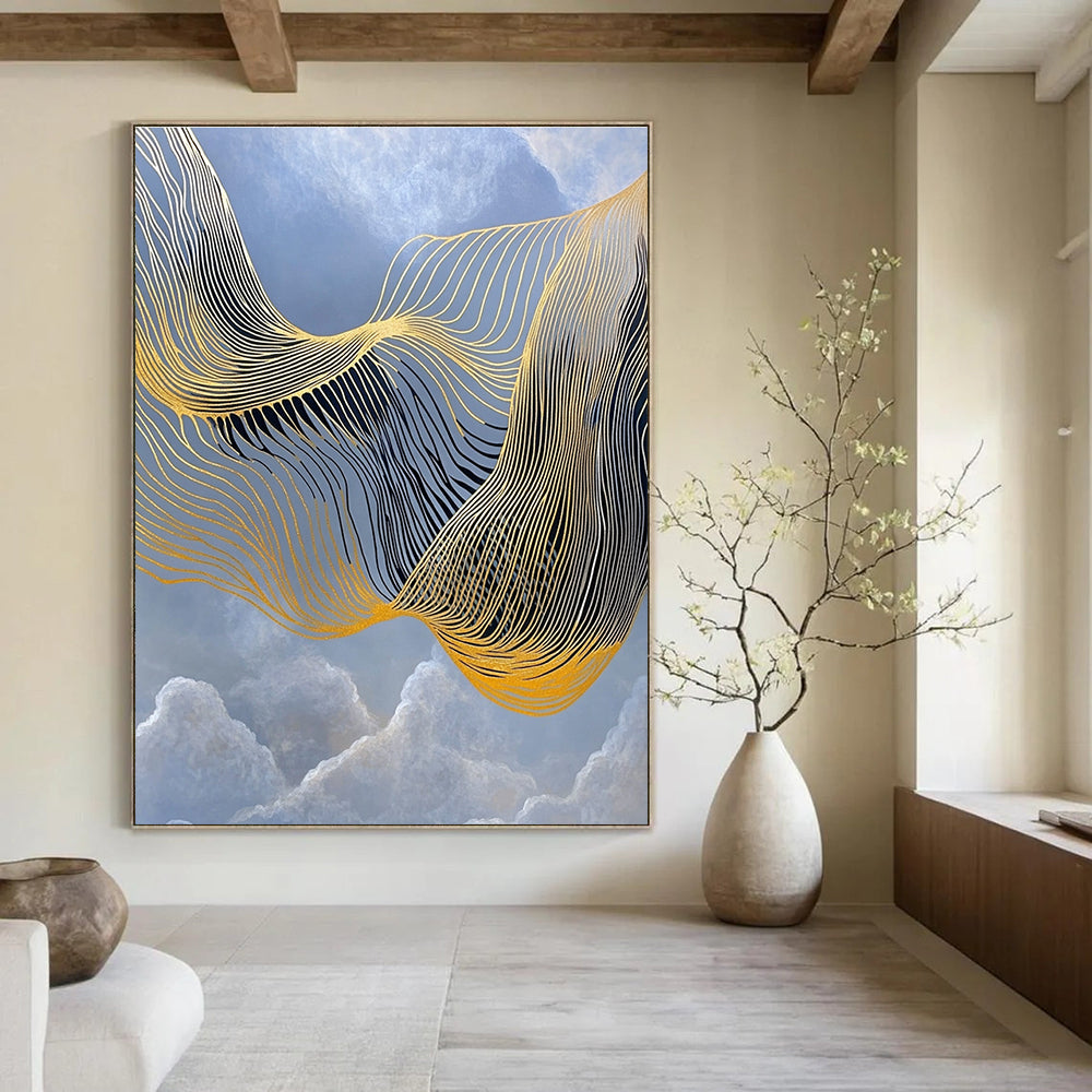 Golden Wavy Lines Abstract Painting for Luxury Hotel Lobbies GAB1321