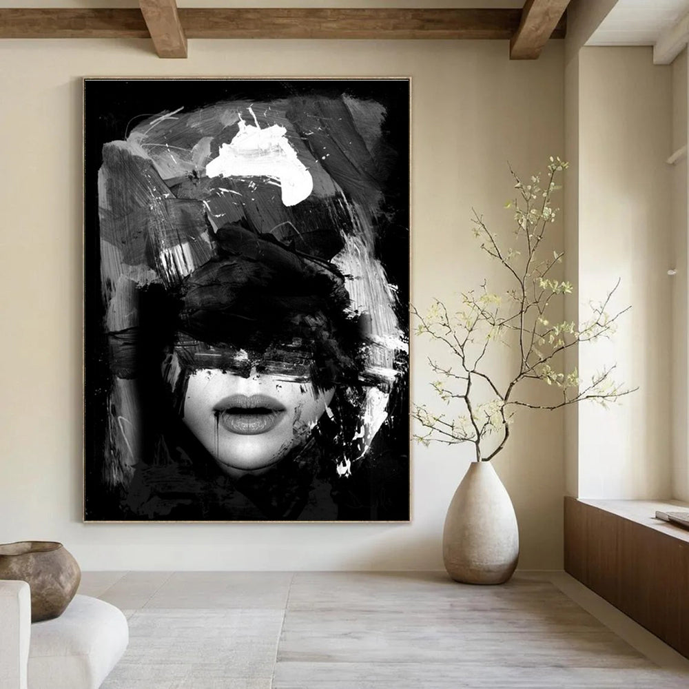 Evocative Black - White Abstract Portrait Painting for Contemporary Galleries HENG232