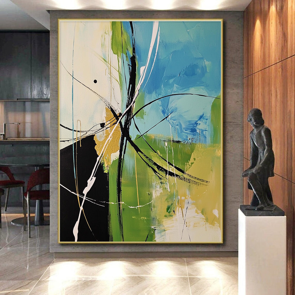 Blue Green Black Abstract Painting with Energetic Lines WINK619