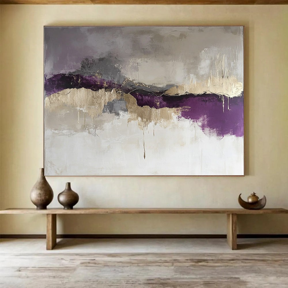 Purple and Gold Abstract Painting with Dramatic, Flowing Textures ABS474