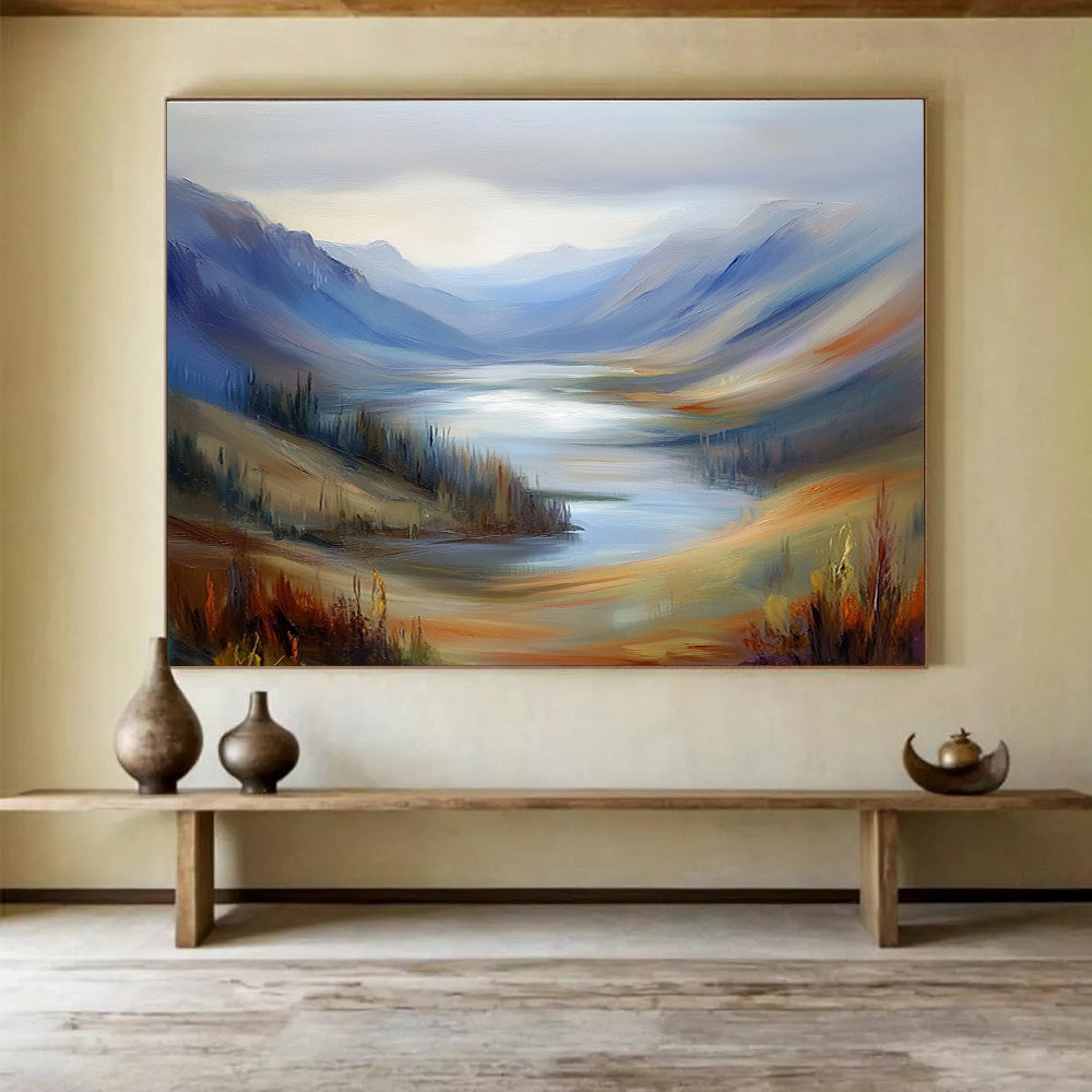 Misty Mountain Valley Lake Painting with Soothing Tranquil Hues ABS560