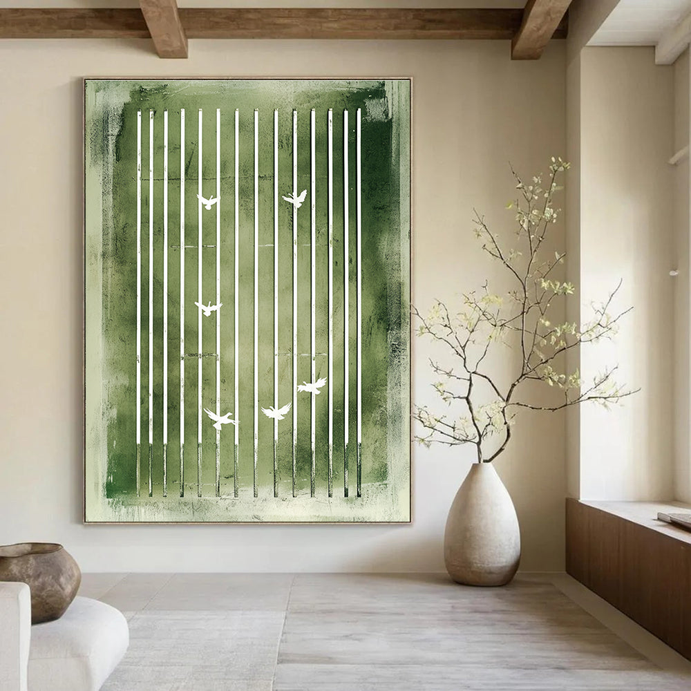 Green Bars and White Birds Symbolic Abstract Art GAB0377