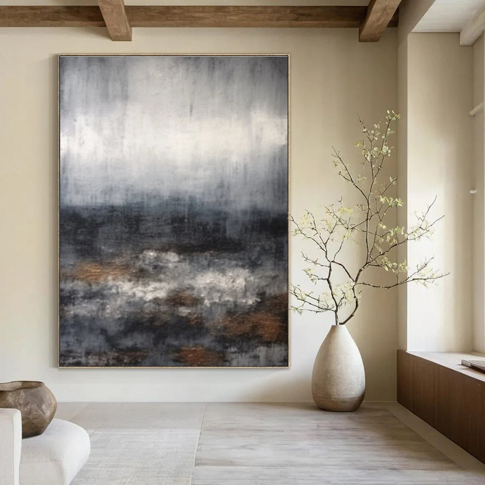 Gray Toned Abstract Landscape with Hints of Brown Painting for Serene Home Offices HENG368