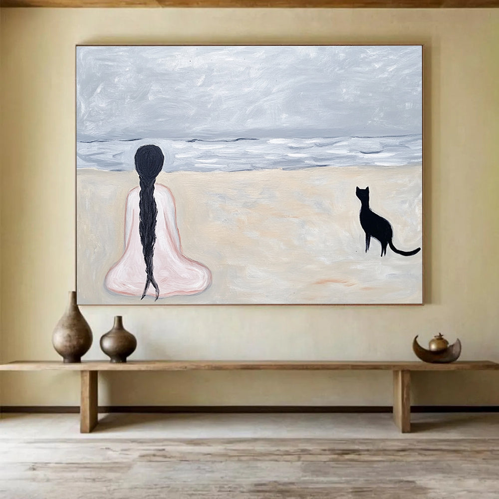 Woman and Cat on the Beach  A Moment of Solitude ABS060