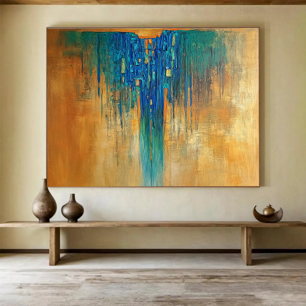 Blue - Orange Drip Abstract Painting with Rich, Textured Flow ABS498