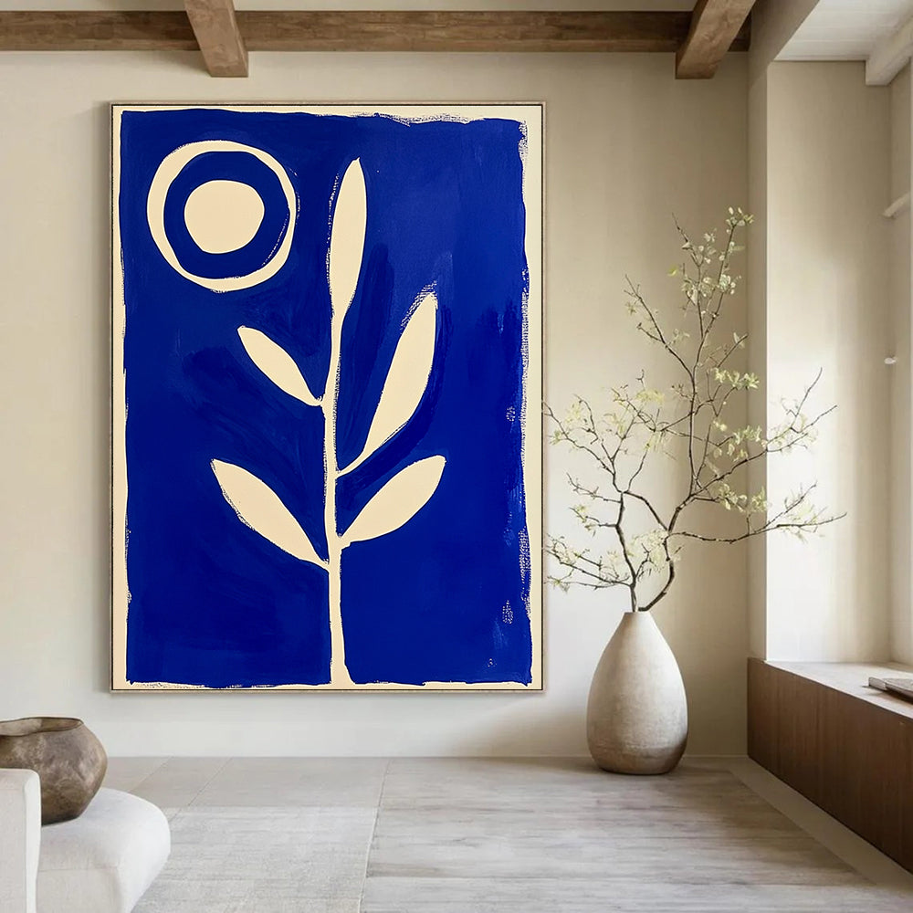 Blue and White Plant with Circle Abstract Painting GAB0040