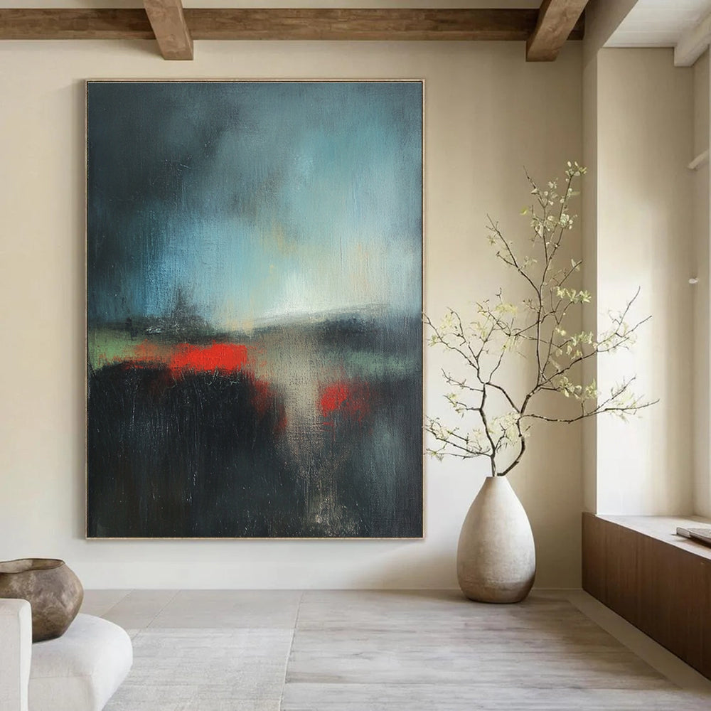 Dark Abstract Landscape with Red Accents Painting for Dramatic Home Theaters GAB1166