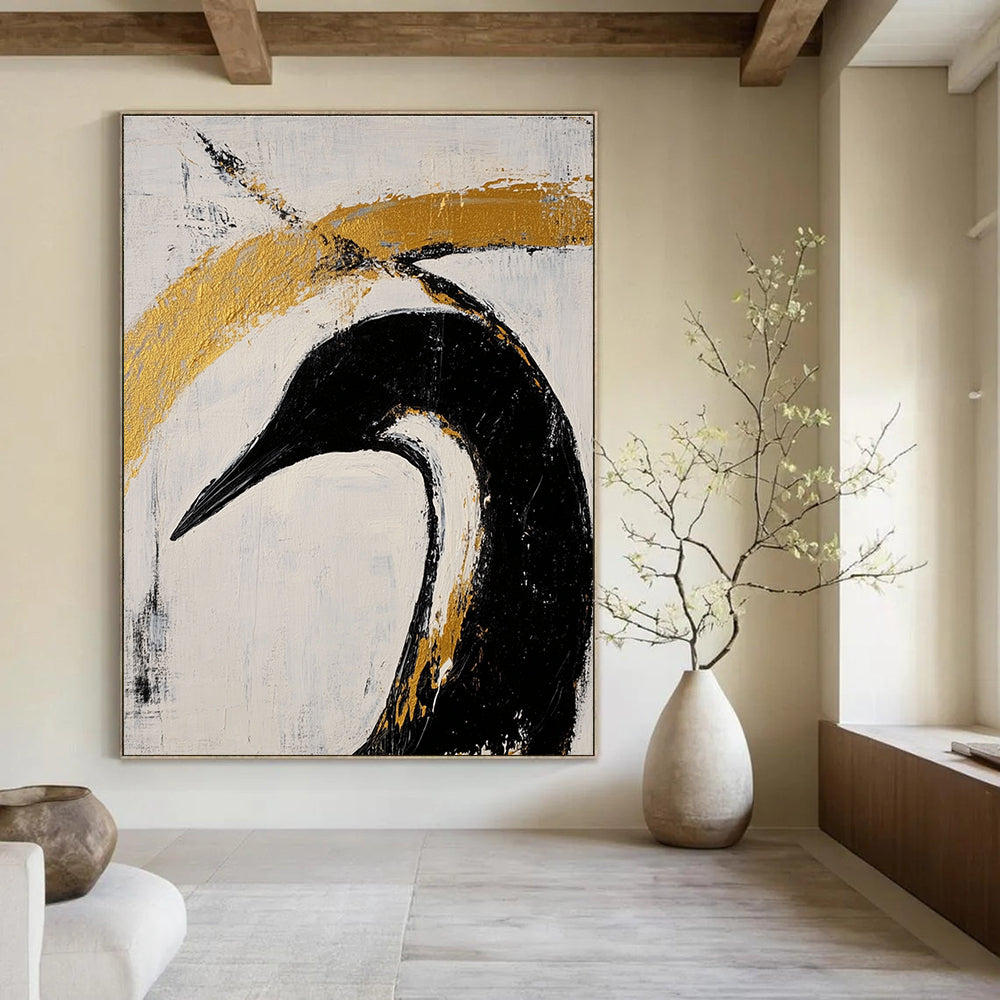 Black Bird with Gold Highlights - Edgy Figurative Abstract Art GAB0437