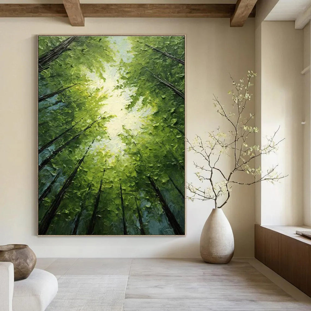 Serene Sunlit Forest Canopy Abstract Painting for Peaceful Spaces HENG266