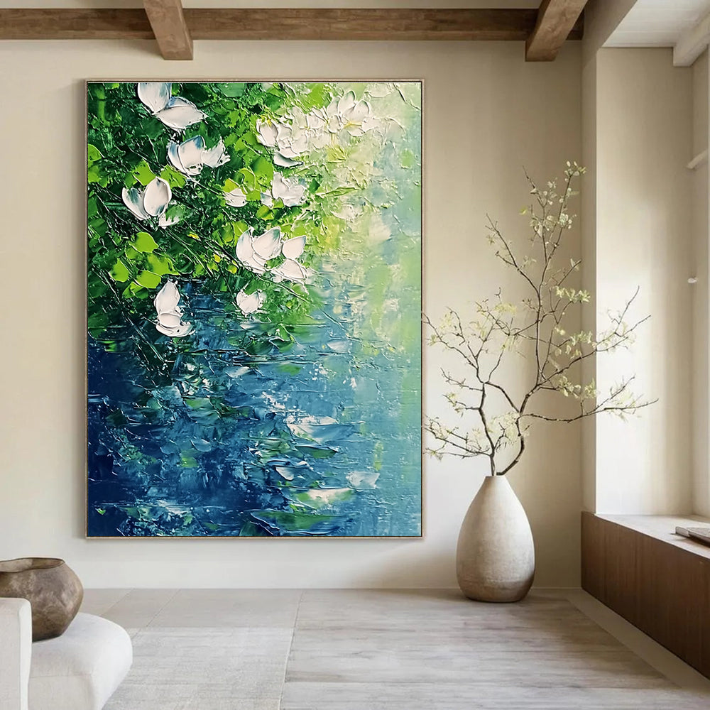 White Flowers Over Water Serene Abstract Painting for Relaxing Spaces GAB1525