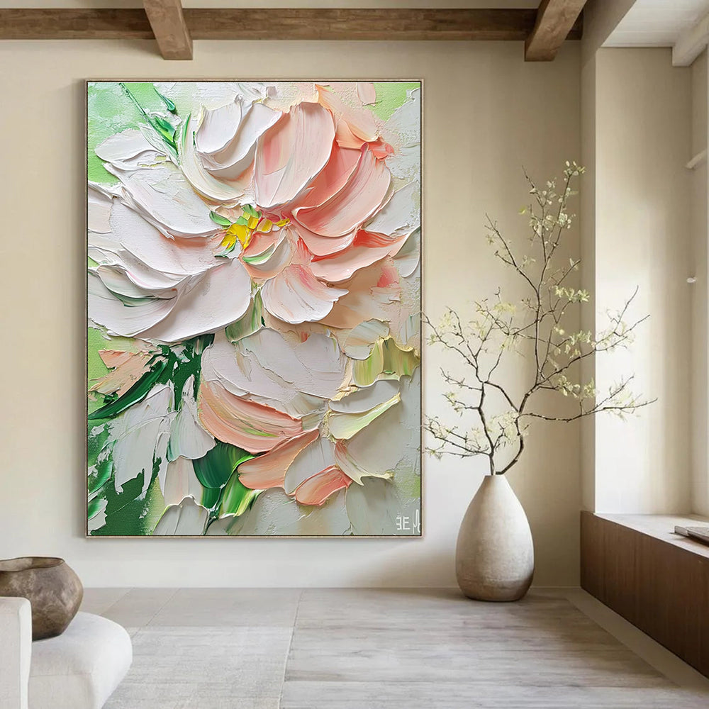Textured White and Pink Flower Romantic Abstract Painting for Feminine Spaces GAB1446