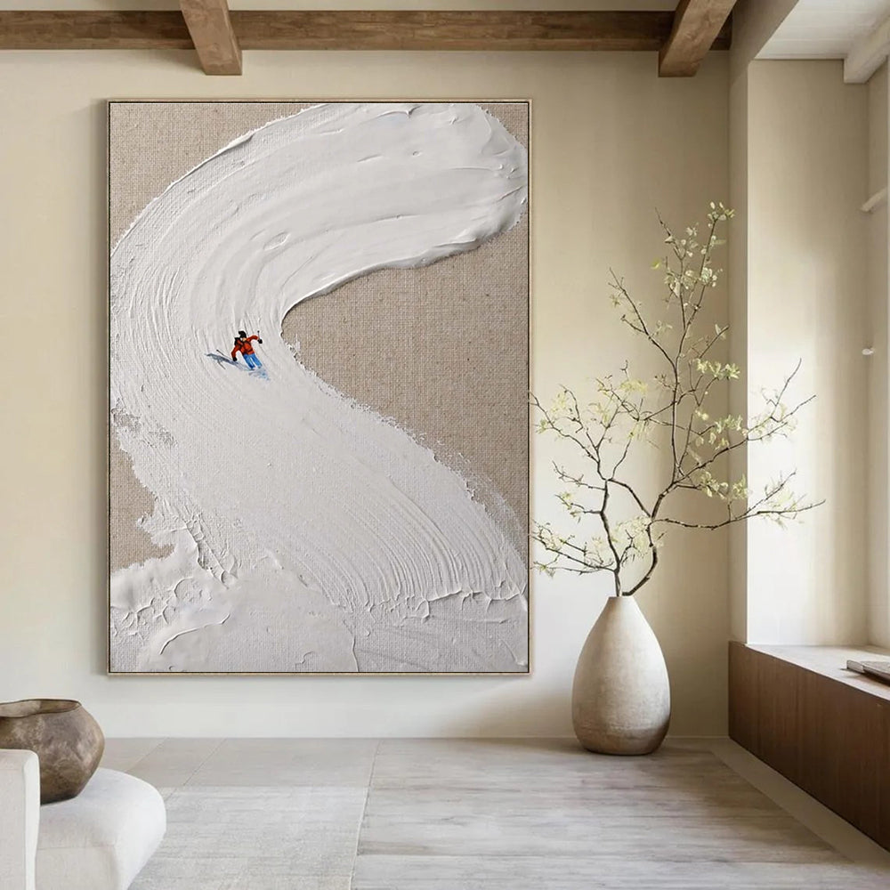 Mini Skier on White Slope Abstract Painting for Winter - Sports Lovers HENG311