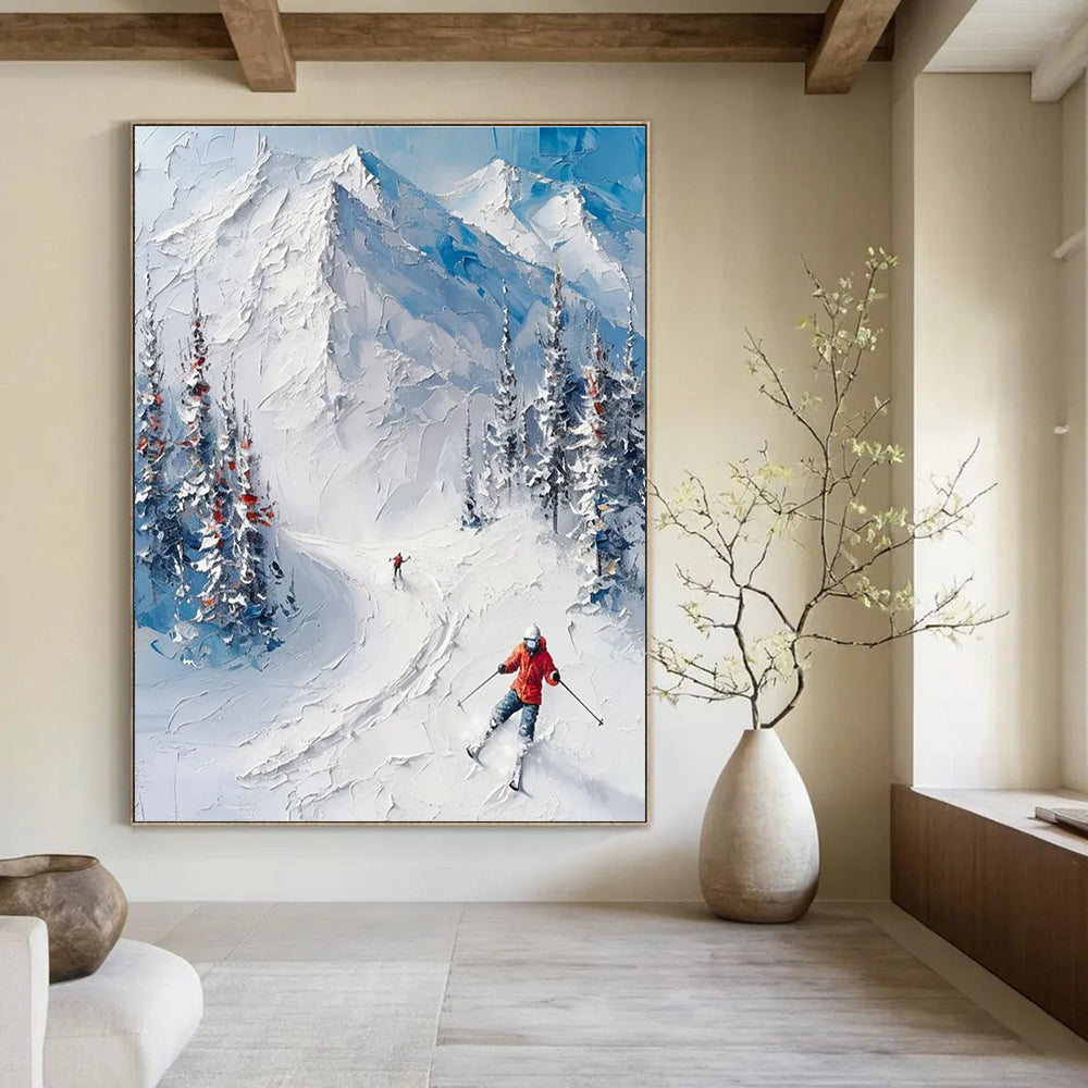 Textured Ski Mountain Scene Painting for Alpine - Inspired Interiors HENG313