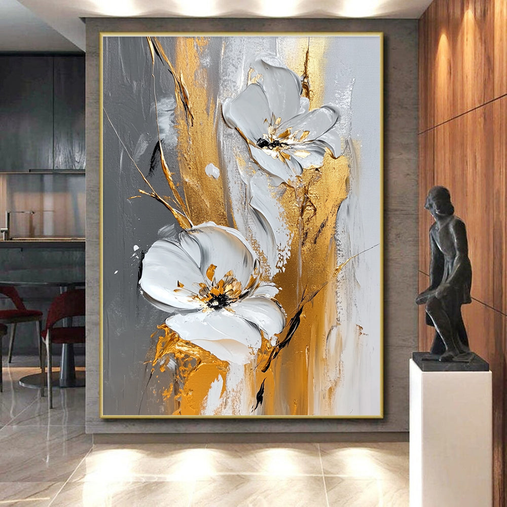 White Gold Floral Abstract Painting with Luxe Petals WINK603