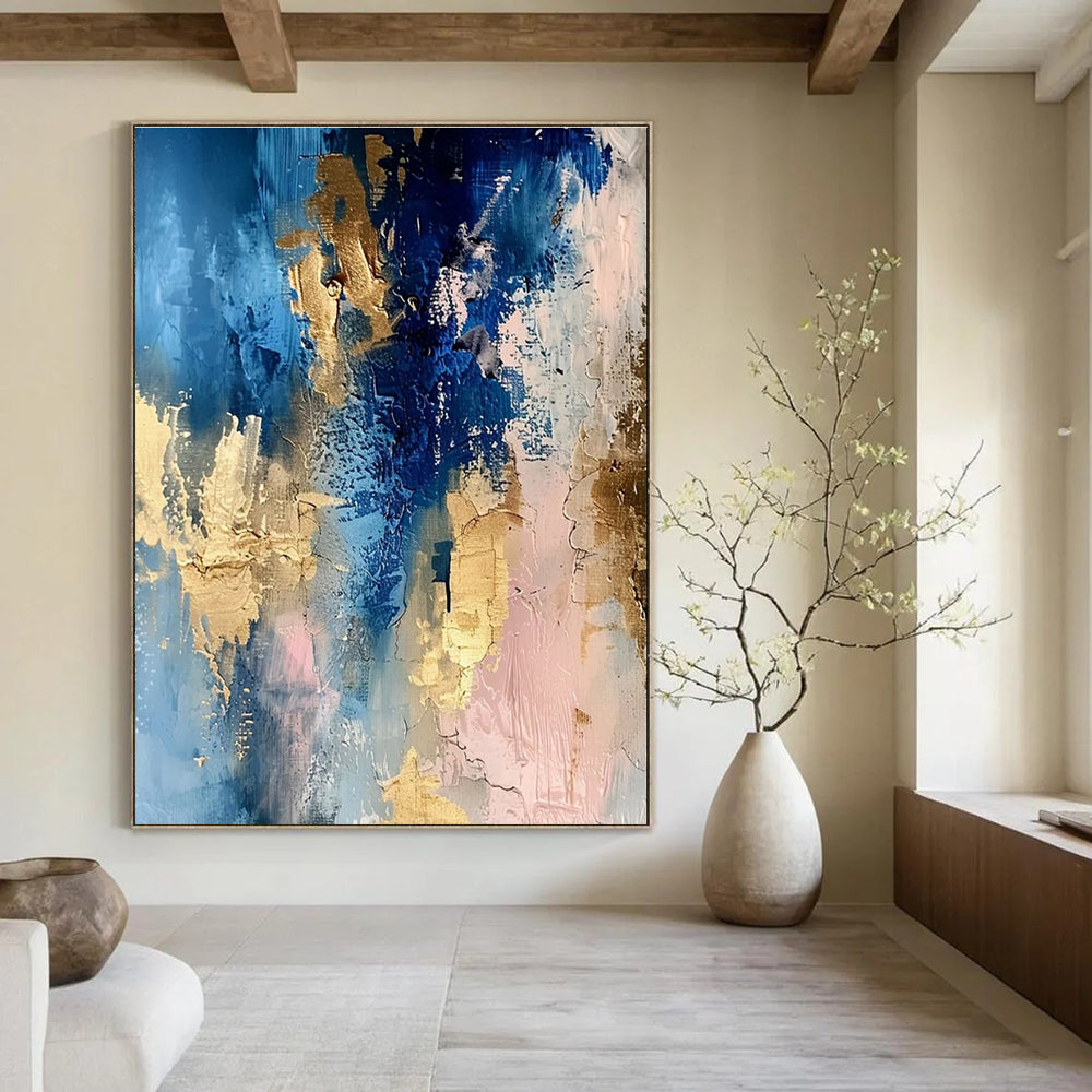 Blue - Gold - Pink Abstract Fusion Painting for Art Deco Living Spaces HENG072