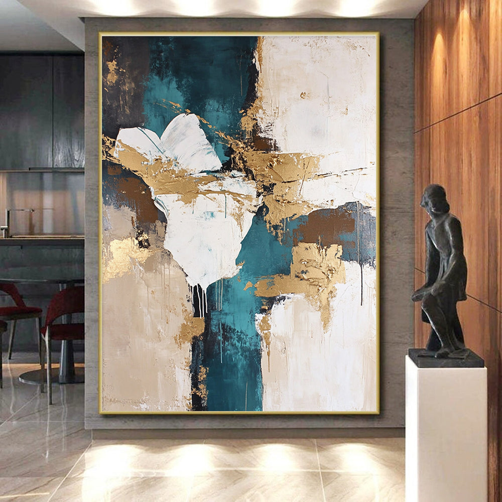 Teal - Gold - White Abstract Painting with Artistic Flair WINK447