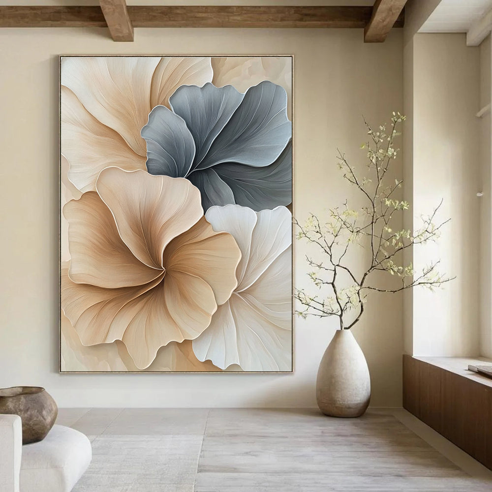 Beige and Grey Floral Shapes Abstract Painting of Elegant Nature GAB0094