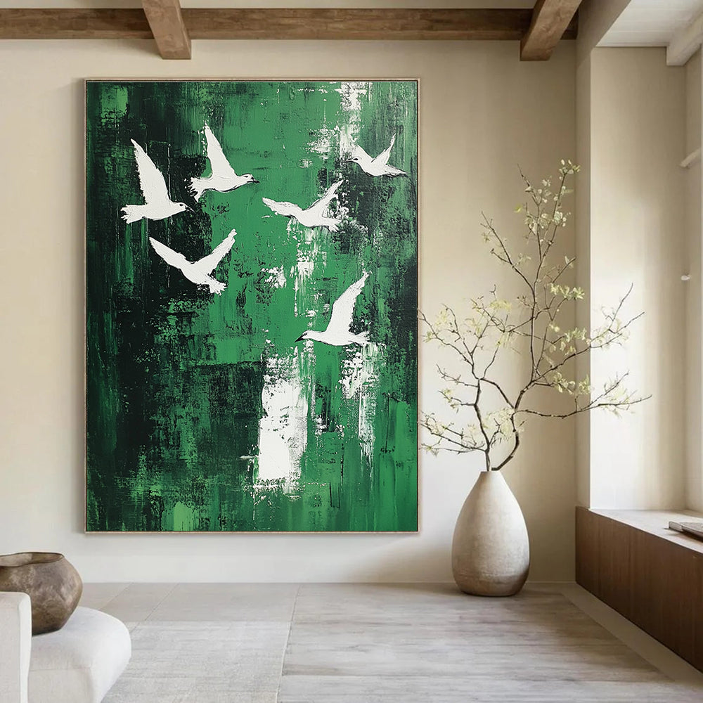 White Birds on Green Abstract Painting for Contemporary Garden Galleries GAB0827