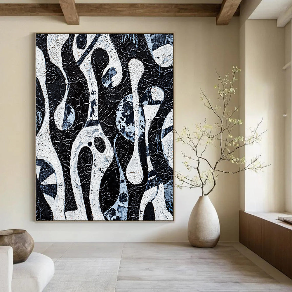 Black and White Flowing Forms Abstract Painting with Intricate Textures GAB0057