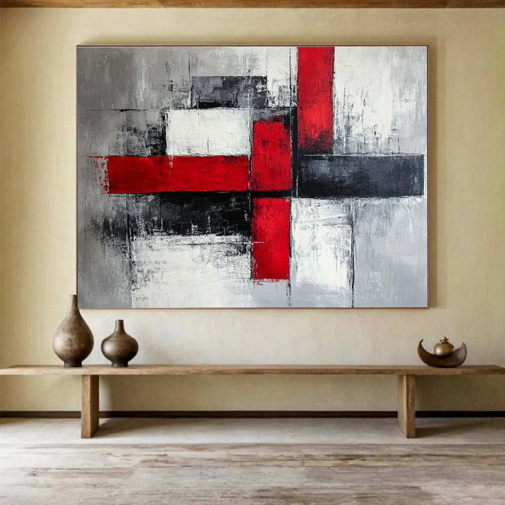 Red, Black and Gray Geometric Abstract Painting with Bold Contrasts ABS397