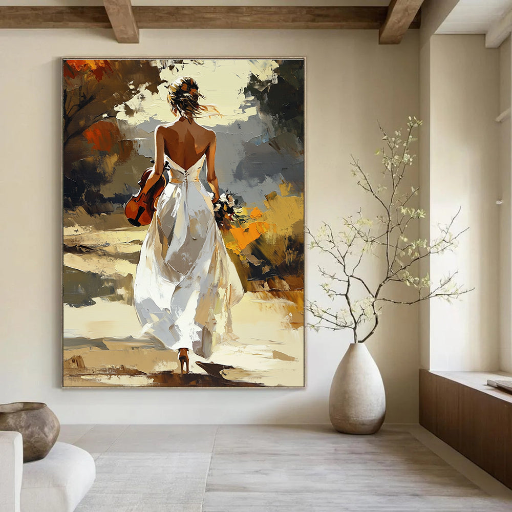 Woman with Violin in White Dress Romantic Abstract Painting for Artistic Spaces GAB1430