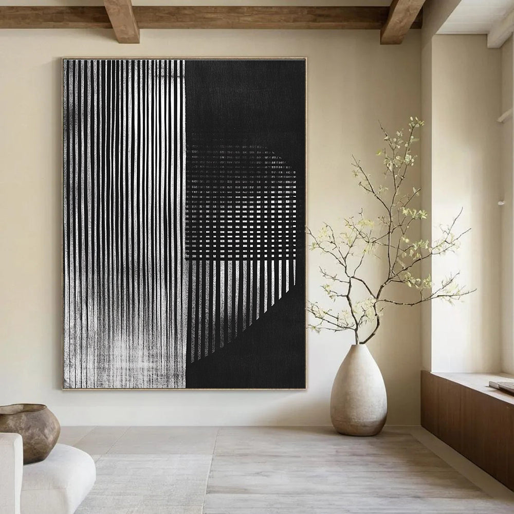 Black and White Striped Abstract Painting with Hidden Textures GAB0030