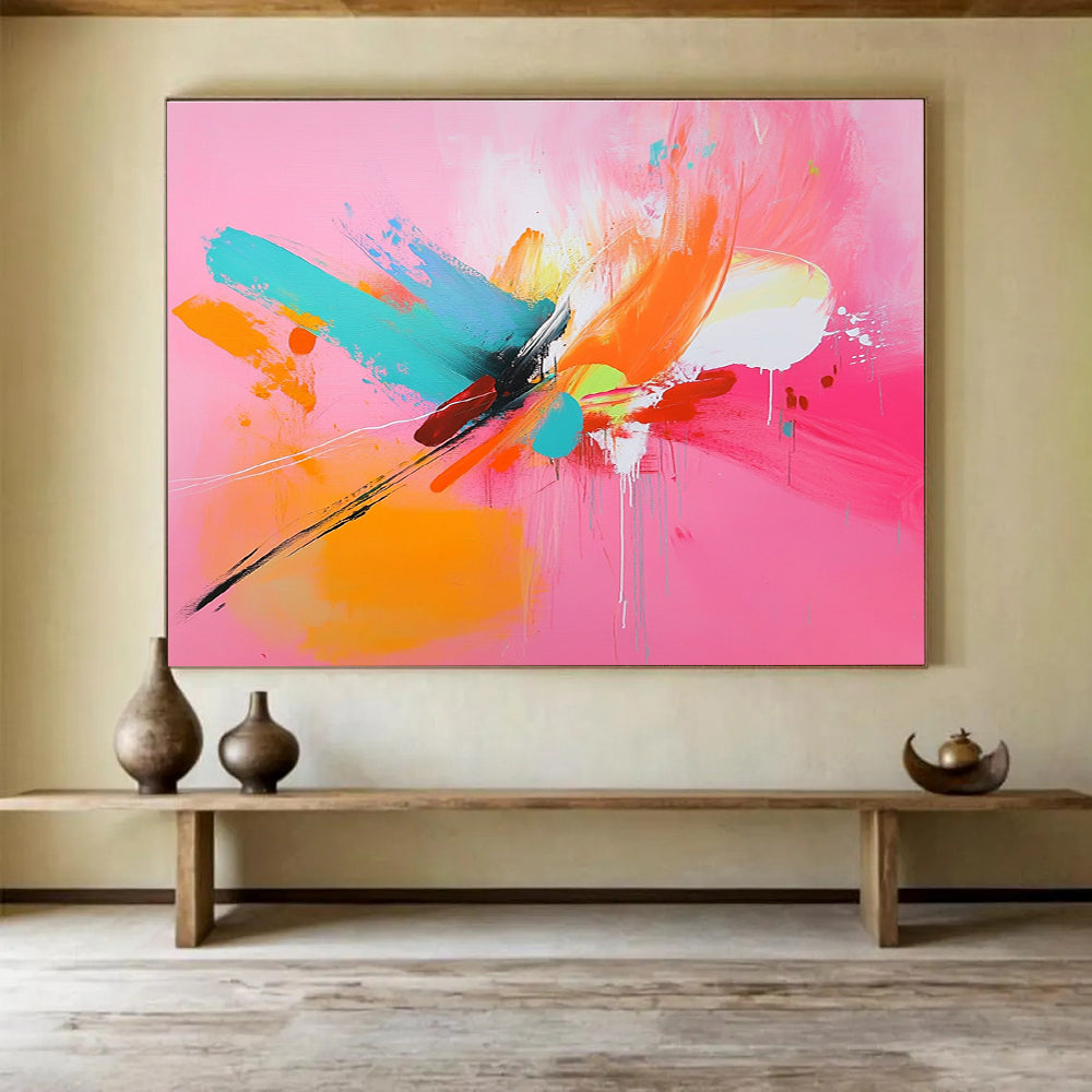 Pink - based Color Burst with Dynamic Brushstrokes Abstract Painting ABS381