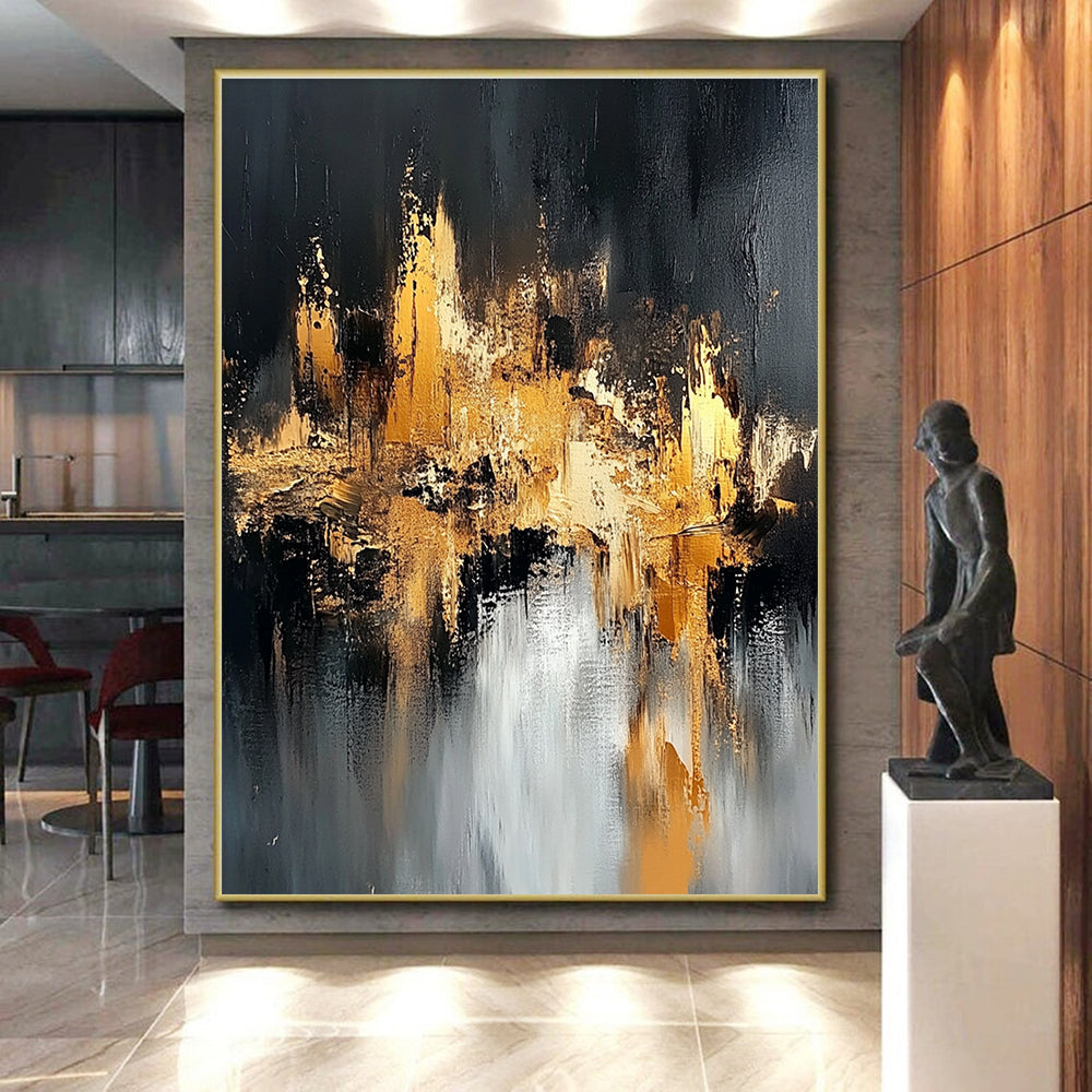 Black Gold Abstract Cityscape Painting with Metallic Highlights WINK643