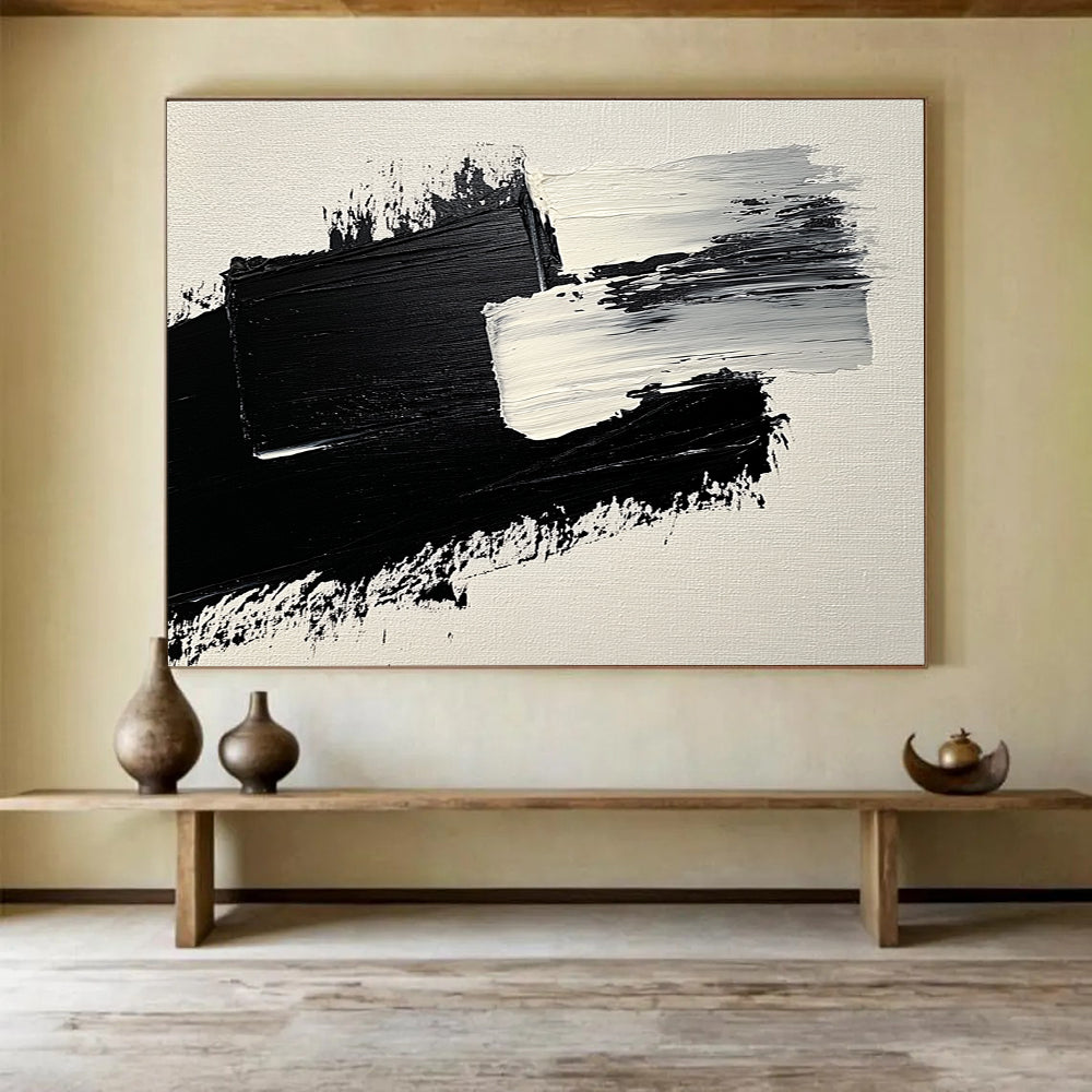 Black and White Textured Strokes Abstract Painting with Bold Minimalism ABS572
