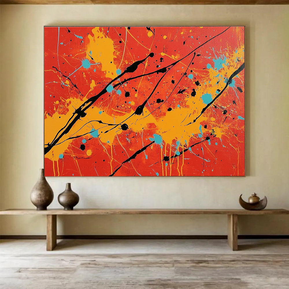 Energetic Red - Orange Splatter Expressionist Abstract Painting ABS122
