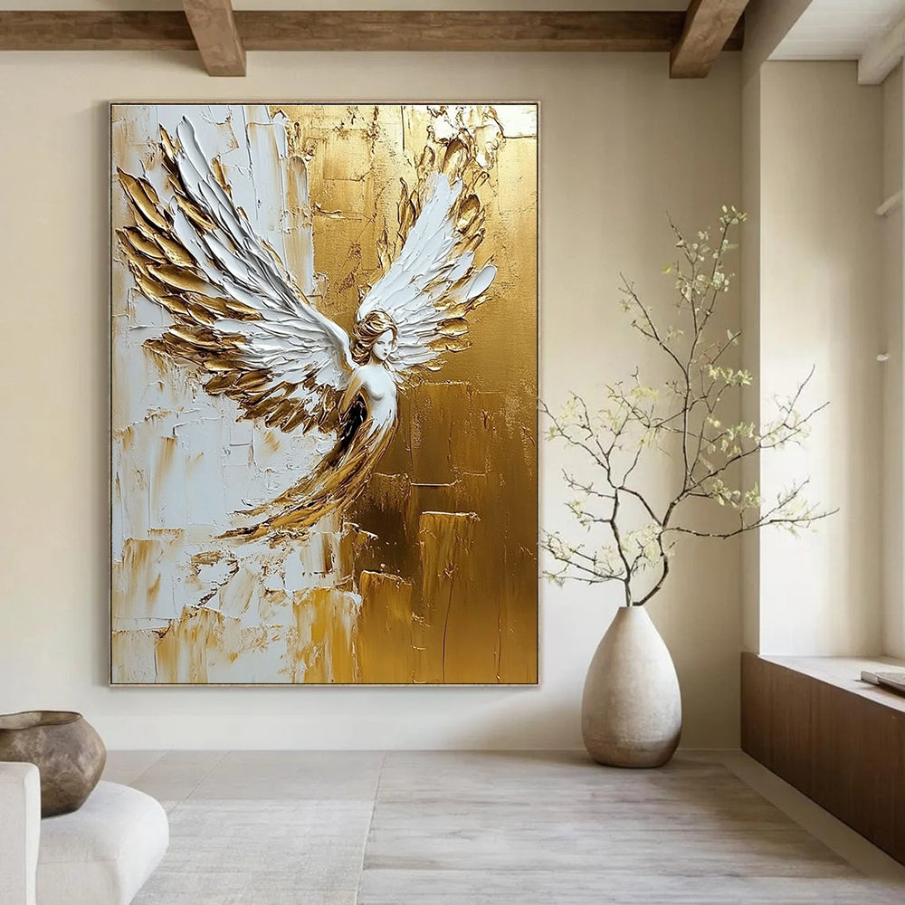 Golden Angel Winged Figure - Spiritual Textured Abstract Art GAB0434