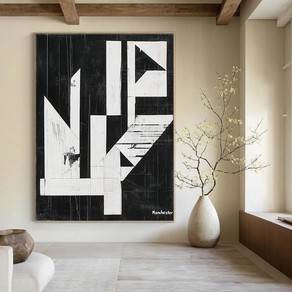 Geometric Black and White Abstract Painting of Architectural Form GAB0197