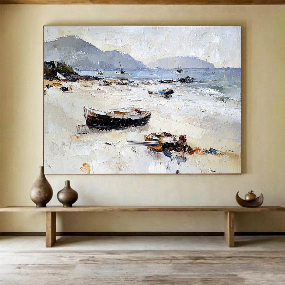 Beach with Beached Boats Abstract Painting with Casual Coastal Charm ABS602