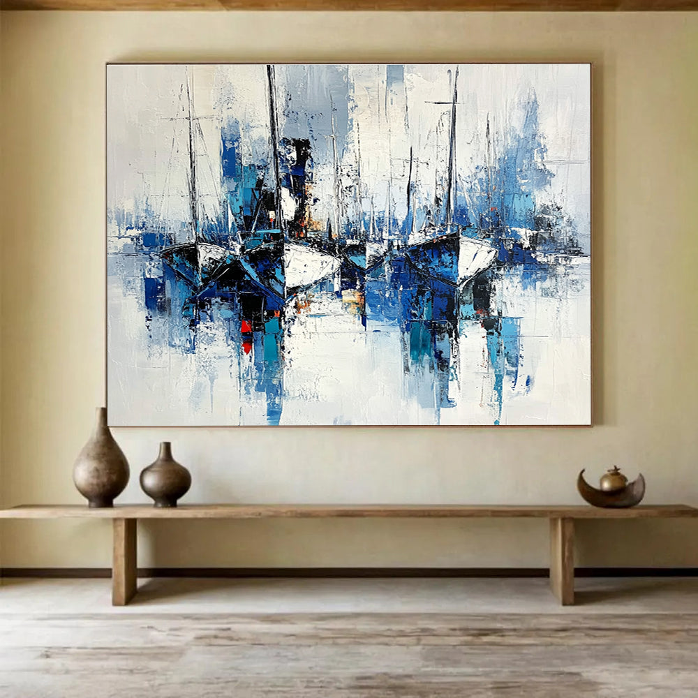 Blue - Toned Harbor Boats Scene Abstract Painting ABS191