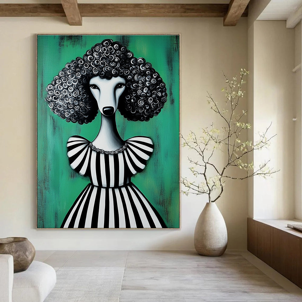 Poodle in Striped Dress Painting of Elegant Quirkiness GAB0134