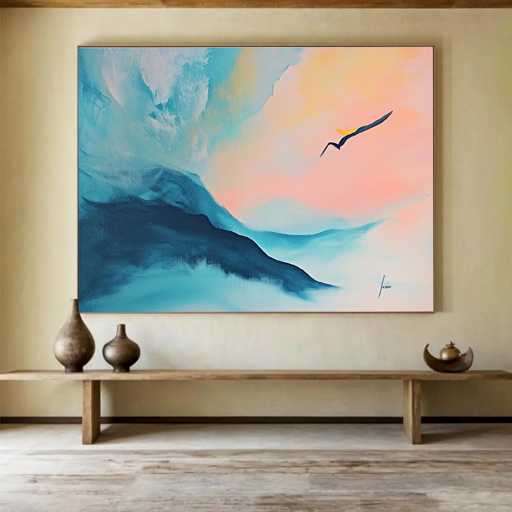 Pastel Mountain - Bird Landscape Art Evoking Ethereal Beauty and Gentle Motion Abstract Painting ABS145