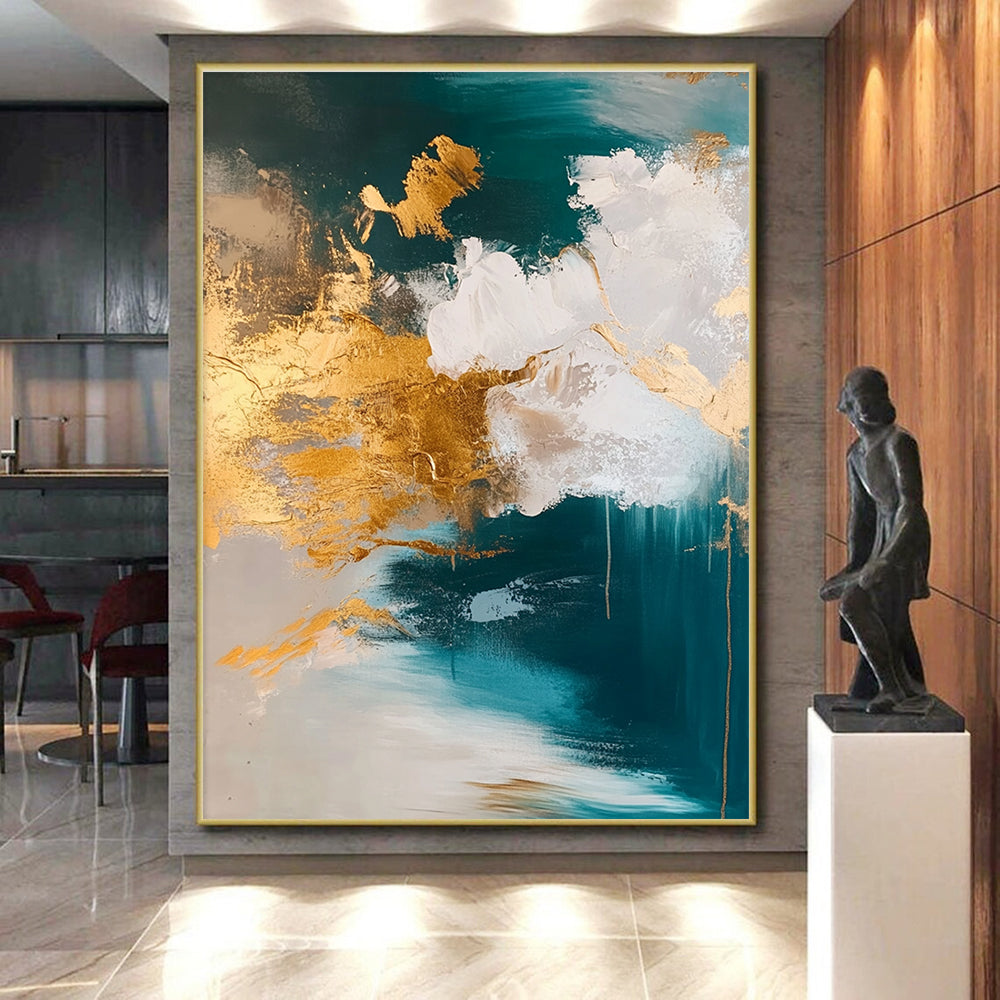 Teal Gold Abstract Clouds Painting with Metallic Accents WINK630